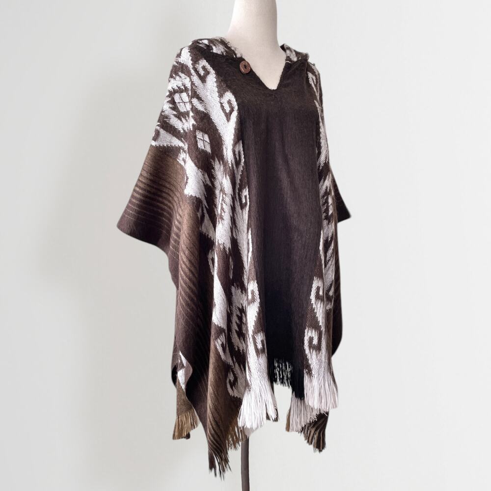 Vintage Alpaca Wool Blend Hooded Poncho Brown White One Size Aztec Boho - Picture 3 of 8